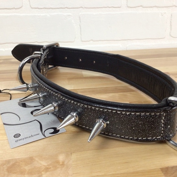 Mad Cow genuine leather Punk Rock dog collar handmade black dark silver studs - Picture 5 of 16